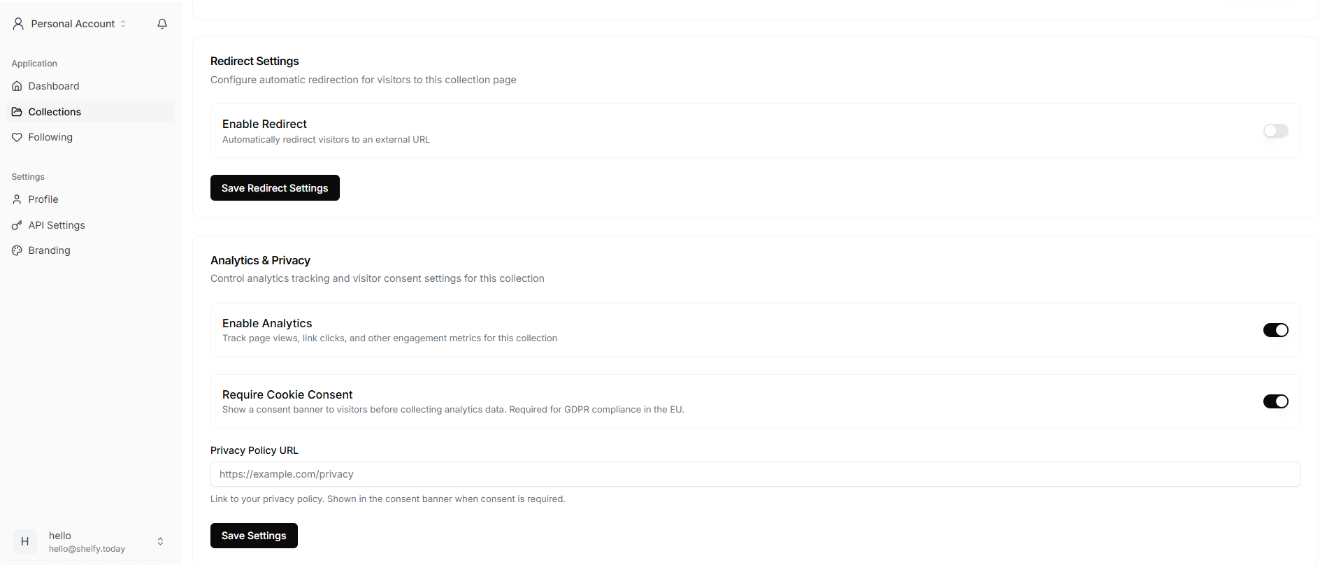 Shelfy redirect and analytics settings